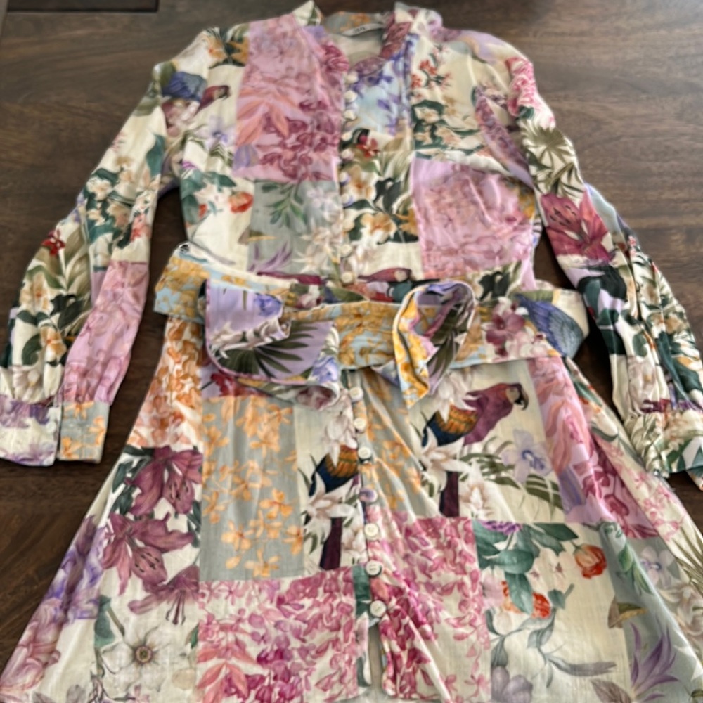Zara Floral Patchwork Linen Blend Long Sleeve Mini Dress M